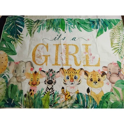 Safari Baby Shower Backdrop – 80"x60" Jungle Theme “It’s a Girl” Animal Graphics - Image 1 of 4