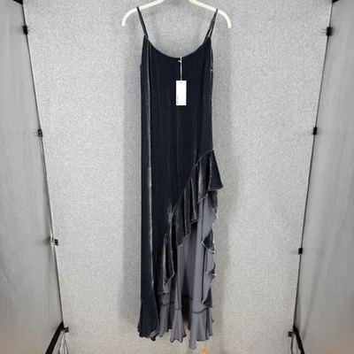 Maxi Vestido Reformation Winola Terciopelo Seda Talla S Gris Esquisto Azul Volantes Abertura NUEVO Foto 1 de 4