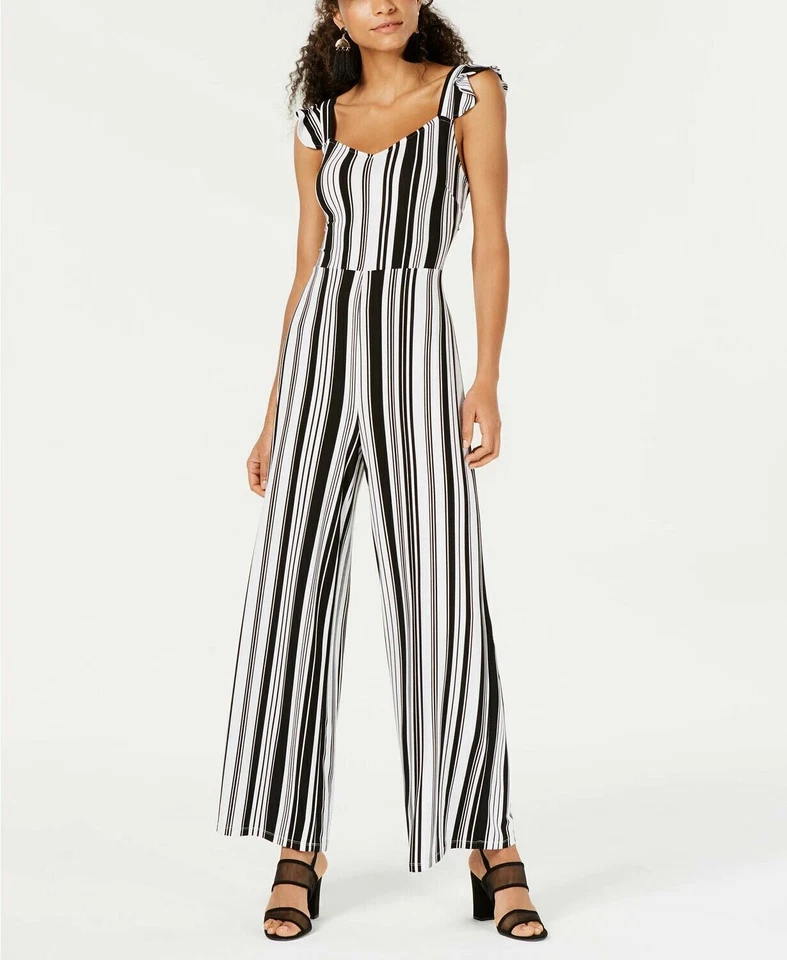 Bar III Striped Cutout Jumpsuit Women Black White Sz L 265