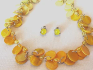 Gold & Yellow Colored Abalone Bead & Chain Necklace- Yellow Pierced Earrings - Picture 1 of 6