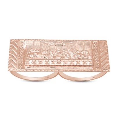 Mens Two Finger Rectangular Last Supper Ring 10K Solid Rose Gold - Image 1 of 4