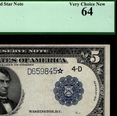 Billete de 5 dólares de la Reserva Federal de 1914 Cleveland STAR *** GRADUACIÓN PROFESIONAL 64 D659845* (ABJH) Foto 1 de 4