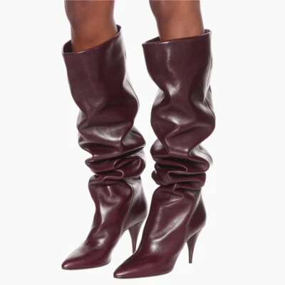 Botas de invierno para mujer marrón hasta la rodilla botas de tacón alto talla punta puntiaguda cuero  Foto 1 de 4