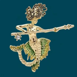 MERMAID WARRIOR BROOCH or PENDANT goldtone green enamel crystal siren pin W2 - Picture 1 of 6