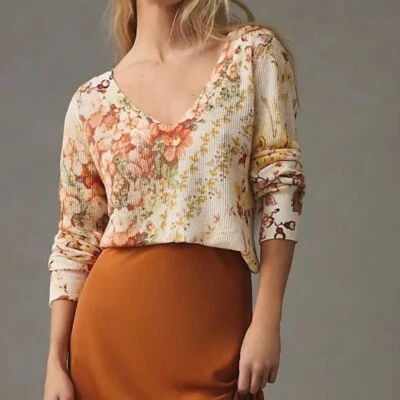 Suéter Anthropologie XS Tejido Marfil Floral Cuello en V Alto-Bajo Boho Pullover Top Foto 1 de 4