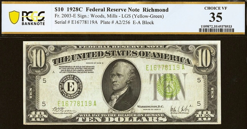 1928C $10 FRN PCGS 30 crazy rare key note Richmond LGS total 21 known Fr 2003-E - Image 1 of 4