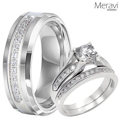 Alianza de boda de tungsteno de plata de ley 925 para mujer anillo de compromiso circonita cúbica [el suyo y el suyo] Foto 1 de 4