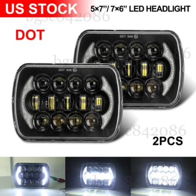 Pair 5x7" 7x6" Inch LED Headlights Halo DRL For Jeep Cherokee XJ YJ GMC Savana - Image 1 of 4