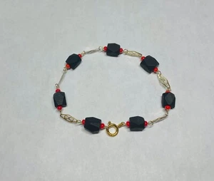 Pulsera de placa de 7,5"" Azabache Jet y coral de 7,5"" llena de oro de 14 K y ylw genuino - Imagen 1 de 4