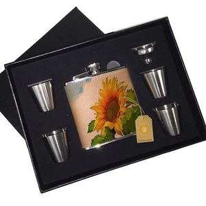 Sunflower Blue Sky Leather Flask Black Box Gift Set - Picture 1 of 2