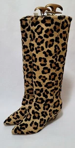 Bruno Ricci Cone Heel Calf Hair Slouch Leopard Print Boots Women's Size EU 37 - Picture 1 of 9