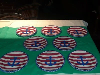 Colección Exterior 8 Ancla Rayas Rojas y Azules 100% Melamina 9" Platos Ensalada.  Foto 1 de 4