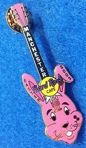 MANCHESTER EASTER PINK BUNNY HEAD FLOPPY EAR 2003 GUITAR Hard Rock Cafe PIN LE - Picture 1 of 1