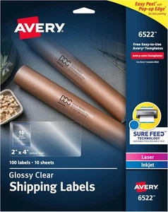 Avery Printable Shipping Labels 2x4" Glossy Crystal Clear, 100 Blank Mailing - Picture 1 of 10