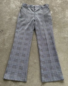 Vintage 70s Men’s Gray Check Plaid Slim Polyester Flared Pants 32x29 Talon Zip - Picture 1 of 21
