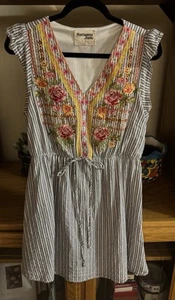Savanna Jane Floral Embroidered Striped Mini Dress Size Large Tie Front Boho - Picture 1 of 2