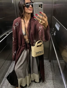 ZARA BNWT 2025. BURGUNDY EMBROIDERED LINEN KIMONO COAT BEADED. 6895/269/681 - Picture 1 of 14