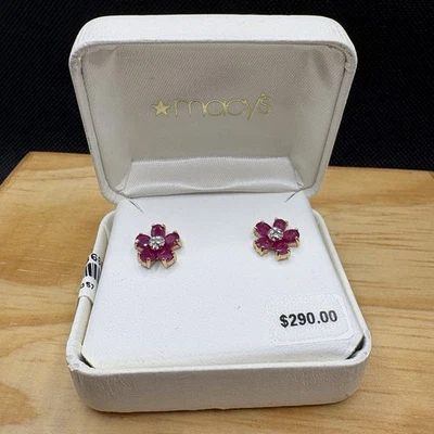 NEW w/ TAG! 14K Yellow Gold Ruby & Diamond Flower Cluster Stud Earrings Macy's - Image 1 of 4