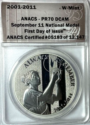 2011 September 11 National Medal West Point Mint ANACS PR70 DCAM 1oz .999 Silver - Image 1 of 2