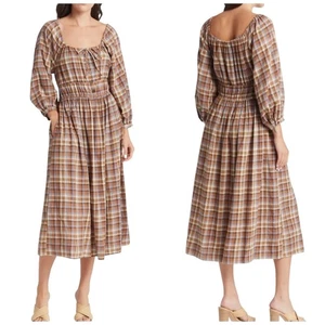 Vestido midi Madewell Sophia de gasa a cuadros marrón a cuadros talla pequeña - Imagen 1 de 6