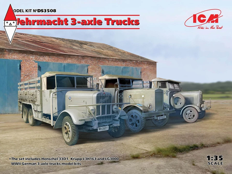 ICM 1/35 WEHRMACHT 3-AXLE TRUCKS (HENSCHEL 33D1 KRUPP L3H163 LG3000) - Immagine 1 di 1