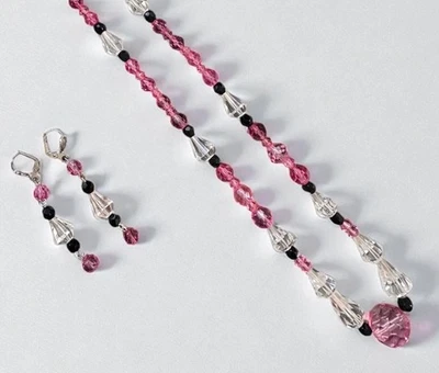 "Juego de pendientes collar cristal brillante vintage rosa transparente vidrio negro 13""" Foto 1 de 4