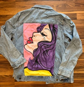 Chemistry Jean Jacket, Cotton Denim Art Woman Coat Buttons Blue, Size Large - Picture 1 of 4