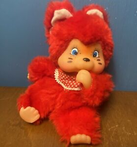 VINTAGE Fun World Monchichi-style Red Thumb Sucking Plush Toy - Cat Rubber Face