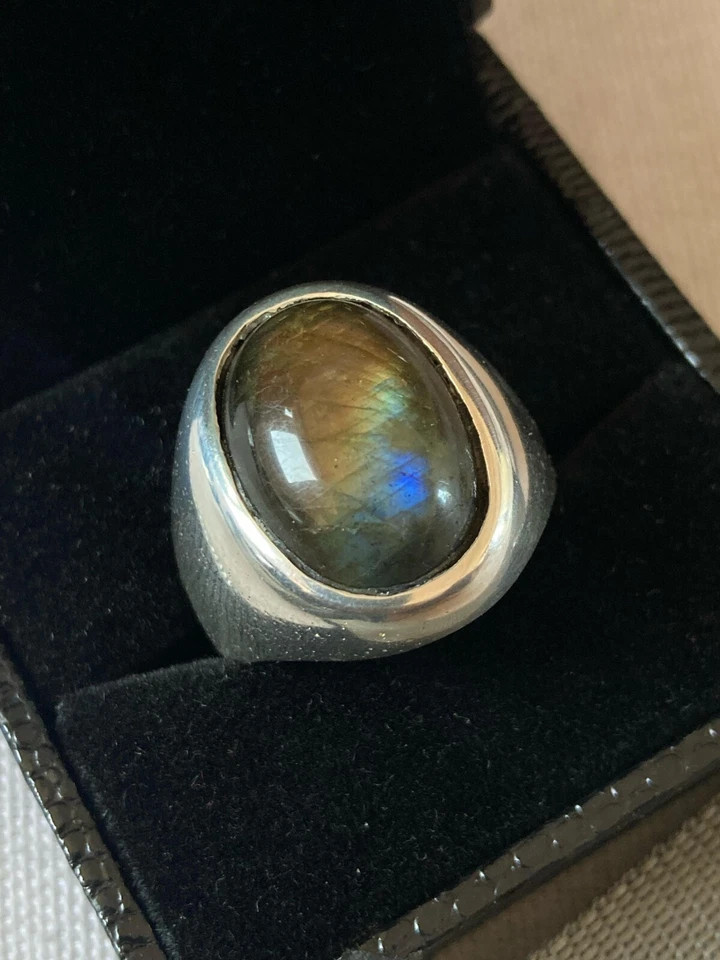NATURAL BLUE LABRADORITE RING 925 STERLING PLATED RING MEN SIGNET RING MENS RING - Image 1 of 4