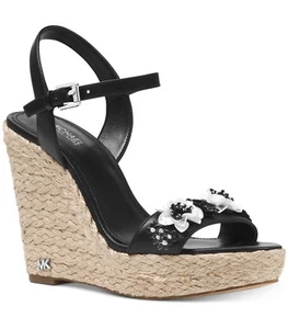 NIB Size 9.5 Michael Kors JILL Black Flower Espadrille Leather Wedge BRAND NEW - Picture 1 of 3