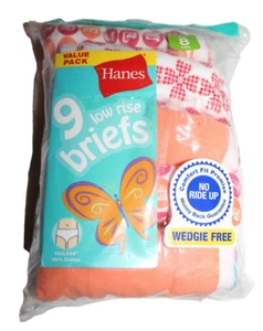 Hanes Girls 9 Pack Tagless Low Rise Briefs - Choose Your Size (8, 10, 12, or 14) - Picture 1 of 8
