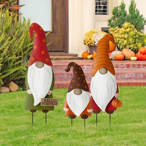 Glitzhome 3er Set Herbst Metall Wichtel Familie Hof Pfahl Wandschild Gartendeko Neu - Bild 1 von 12