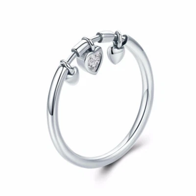 Girls 925 Sterling Silver Rings Heart Dangle Charm Band Rings Xmas Gifts - Image 1 of 4