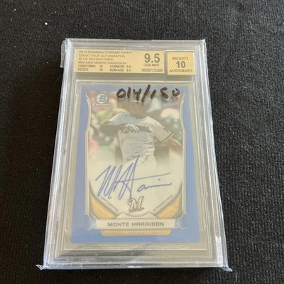 2014 Bowman Draft Chrome Pick Blue Refractor 014/150 Monte Harrison BGS 9.5 Auto - Image 1 of 2
