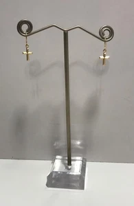 14k Yellow Gold Delicate Petite Cross Dangle Earrings - Picture 1 of 13