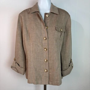 Coldwater Creek Sakko 16 braun Fischgrätmuster 3/4 Ärmel Leinenmischung Damen - Bild 1 von 11