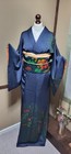 Vintage Japanese Kimono Dark Blue With Bright Floral Designs Set