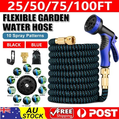 25-100FT FLEXIBLE EXPANDABLE GARDEN WATER HOSE PIPE CAR WASH W/ SPRAY NOZZLE GUN - image 1 of 4