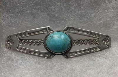Whirling Log Navajo Silver Brooch – Turquoise – Fred Harvey Era, c. 1930–40s - Immagine 1 di 4