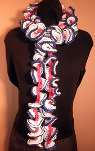 Red White & Blue Hand Crochet Ruffle Scarf~2x80~Sparkle Bright Fun! Go Patriots! - Imagen 1 de 6