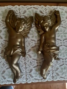 Vintage 1968 MILLER STUDIO 2 Gold Cherub Chalk Ware Wall Decor Hollywood Regency - Picture 1 of 12