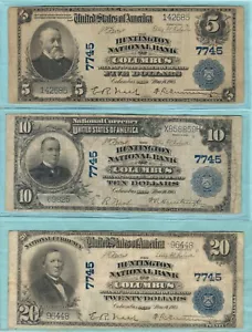 Columbus OHIO 7745 1902PB Lg Size Set of 3 Huntington Nat'l Bank-Matched gr F/VF - Picture 1 of 11
