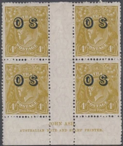 Stamps KGV 4d olive small multi watermark overprinted OS Ash imprint blocks 4 - Picture 1 of 2