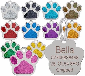 Dog Cat Pet Tag ID Collar Tags Personalised Engraved 27mm Glitter Paw Print - Picture 1 of 16