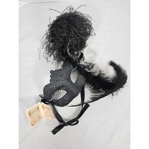 La Maschera Del Galeone Masquerade Black Mask Feather Rhinestone Handmade Italy - Picture 1 of 13