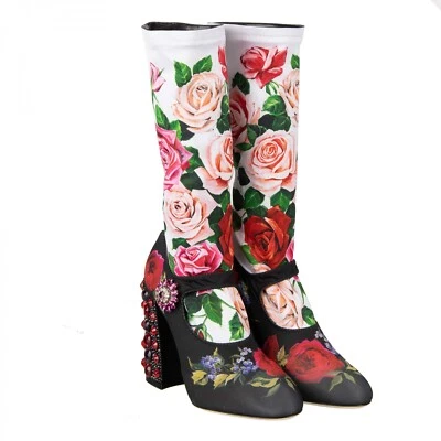 DOLCE & GABBANA Rosas Cristales Calcetines Elásticos Bombas Botas VALLY Negro Blanco 09642 Foto 1 de 4