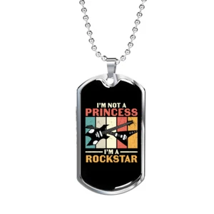 Musician Necklace Princess Rockstar Necklace Stainless Steel or 18k Gold Dog Ta - Picture 1 of 15