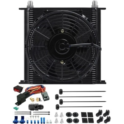 40 ROW ENGINE TRANS-MISSION OIL COOLER ELECTRIC FAN 6AN HOSE ADAPTER TEMP SWITCH - Image 1 of 4
