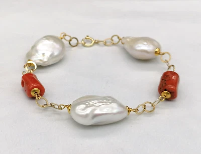 bracciale donna catena vere perle Akoya bianche vero corallo rosso argento 925 - Immagine 1 di 4