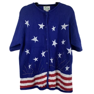 Quacker Factory Stars & Stripes Button Up Cardigan Size Large Short Sleeves - Picture 1 of 8